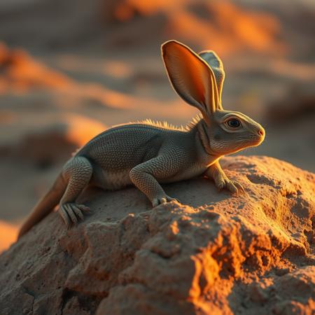 hyperrealistic art a lizard-rabbit hybrid with scaly skin and long ears, basking on a sun-warmed desert rock, its body blending into the surroundings as the light from the setting sun casts a warm glow over the landscape. extremely high-resolution details, photographic, realism pushed to extreme, fine texture, incredibly lifelike
