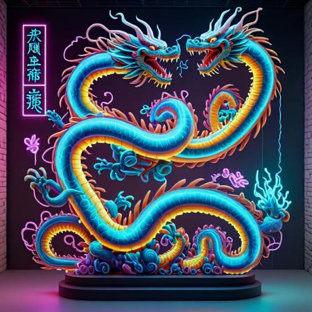 "ScienceDNAStyle Chinese modern art display featuring electric art sculptures, dragons glowing with neon light\n