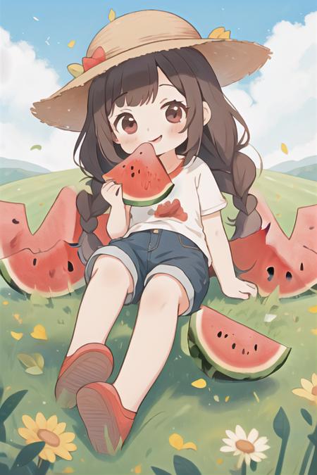 In the summer, in a watermelon field, a 5-year-old girl is wearing a red and white striped T-shirt, denim shorts, long hair, two braids, slanted bangs, a round face, big eyes, pure and cute, smiling. Sitting by the field, she happily eats a red and red watermelon, with a cute white Samoye next to her. The sky is clear and sunny, with 8k resolution and high-definition image quality, and children's illustrations, masterpiece, best quality,