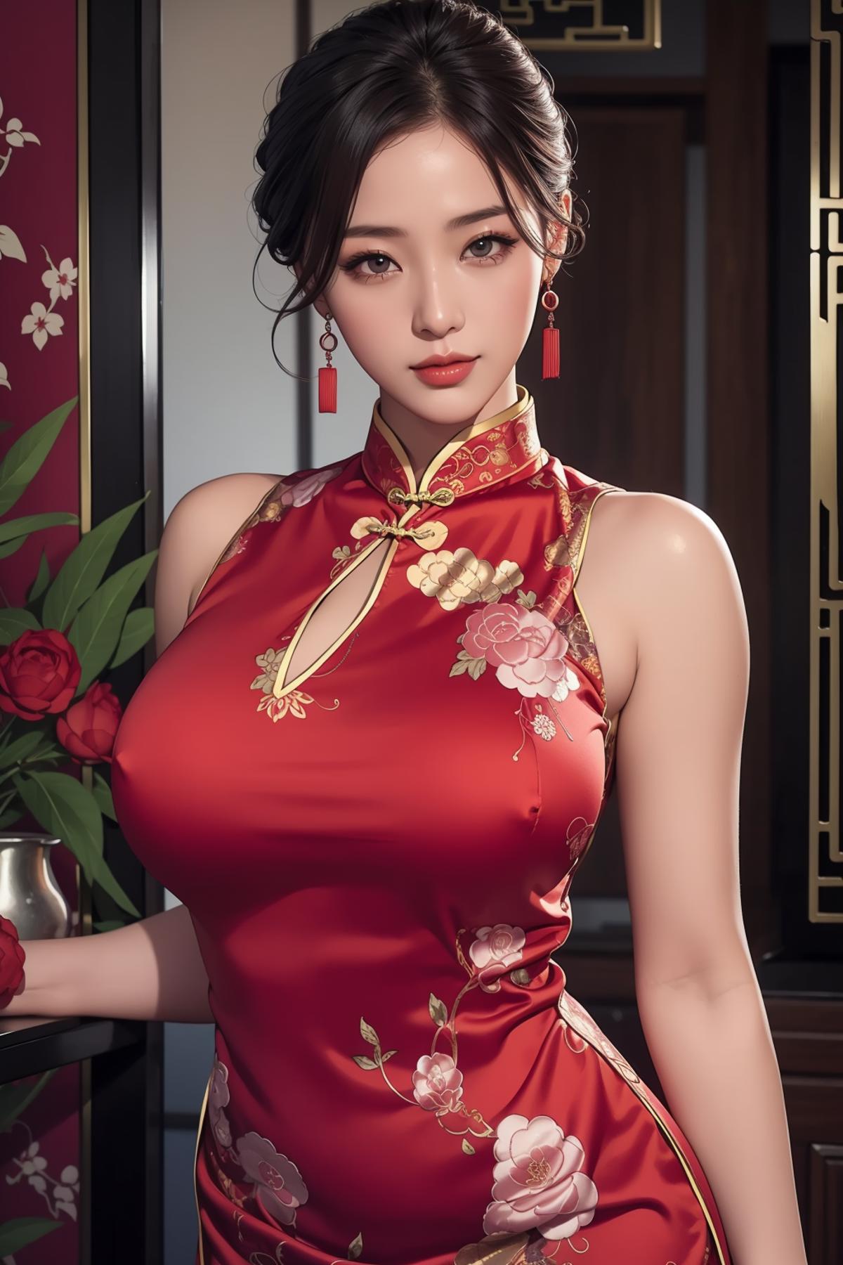 A beautiful Asian woman wearing a red traditional Chinese dress, complete with a phoenix design.