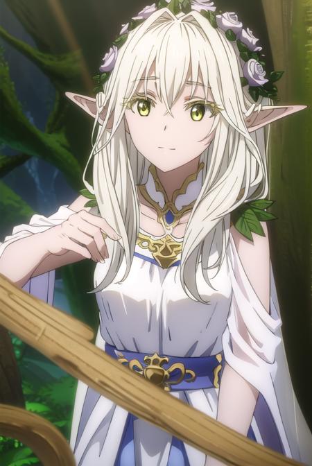 forestprincess, <lora:forest princess s2-lora-nochekaiser:1>,
forest princess, long hair, hair ornament, hair between eyes, (yellow eyes:1.3), white hair, flowers, pointy ears, hair flower, rose, hair intakes, elf, smile,
BREAK dress, collarbone, white dress,
BREAK outdoors, trees, forest, sky, grass, clouds,
BREAK looking at viewer, (cowboy shot:1.5),
BREAK <lyco:GoodHands-beta2:1>, (masterpiece:1.2), best quality, high resolution, unity 8k wallpaper, (illustration:0.8), (beautiful detailed eyes:1.6), extremely detailed face, perfect lighting, extremely detailed CG, (perfect hands, perfect anatomy),