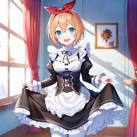 masterpiece,best quality,anime,(2d:1.2),indoors, 
 <lora:PetraNai:1>
1girl, solo, maid, short hair, roswaal mansion maid uniform, cyan eyes, smile, open mouth, looking at viewer, indoors, brown hair, skirt hold, ribbon, cosplay, window, hairband, red hairband, bow hairband, :d, hair between eyes, dress, hair ribbon, table, apron, vase, breasts, long sleeves, frills, flower, pantyhose, bow, juliet sleeves, enmaided, curtains