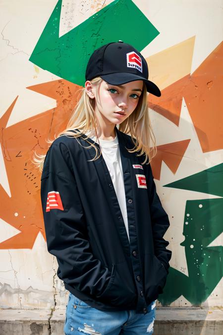 abstract 1998 european blond hiphop girl by sachin teng x supreme, attractive, stylish, designer, green, asymmetrical, geometric shapes, graffiti, street art