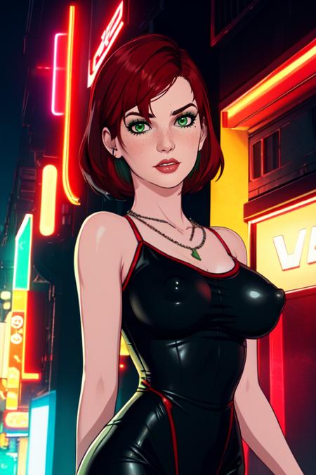 Jane, solo,short hair,red hair,green eyes,
Shepard, black dress, with red trim,  necklace, 
standing, upper body,  cowboy shot,   covered nipples, tight,
night club, neon lights, (insanely detailed, beautiful detailed face, masterpiece, best quality)  <lora:femshep:0.7>