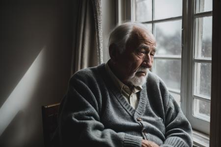 RAW photo, very old lonely man in an old worn sweater, sitting near window, looking at window, sad, feelings of loss, loneliness, desperation and old age, (high detailed skin:1.2), intricate details, 8k uhd, dslr, best shadow, dramatic light, high quality, film grain, Fujifilm XT3