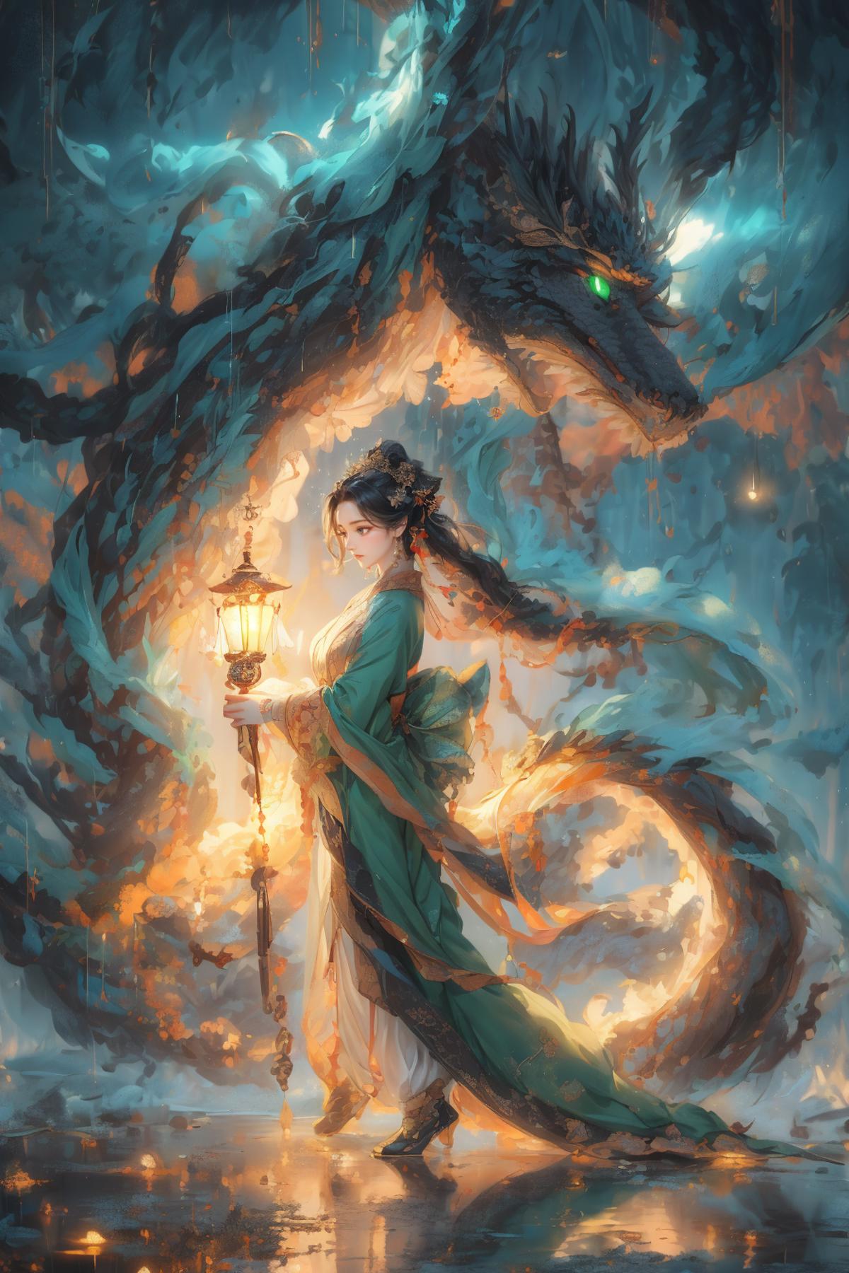 Anime-style art of a woman with a lantern standing next to a dragon.