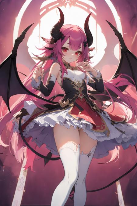 reddemon horns, pink hair, demon tail, demon wings, detached sleeves, small breasts, thighhighs, dress, bare shoulders,hair ornament, white thighhighs,