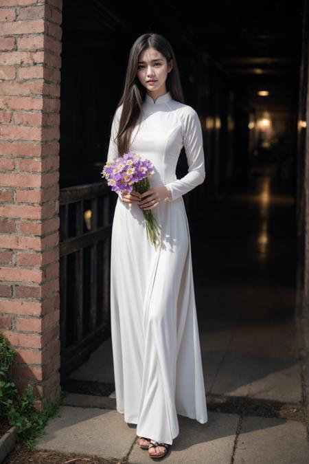 1girl, aodai red, photo art, (flower:1.2),<lora:aodai_SD_chiasedamme_v02:0.6>, a stunning photo with beautiful saturation, ultra high res,(realistic:1.4)),deep shadow,(best quality, masterpiece), pale skin, dimly lit, shade, flustered, blush, highly detailed, skinny, BREAK depth of field, film grain, wrinkled skin, looking at viewer, knee, warm smile, (full body:1.2), masterpiece,ultra realistic,32k,extremely detailed CG unity 8k wallpaper, best quality