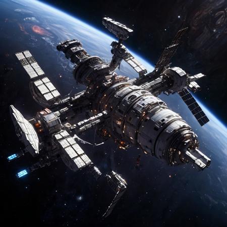 Design a breathtaking scene set in the vastness of space, where a futuristic spaceship is gracefully docking with a massive space station. Imagine this spacecraft as a marvel of human engineering, with sleek lines, glowing accents, and an array of advanced technologies on display. The space station, a towering structure with intricate details and multiple docking ports, serves as a bustling hub of interstellar activity.
As the spaceship aligns perfectly with the docking bay, highlight the intricate dance of mechanical arms and magnetic locks securing the two structures together. Add a dramatic touch with a vibrant nebula glowing in the background, its vivid colors contrasting the dark void of space. Enhance the sense of depth and movement with stars streaking across the scene, creating a captivating starfield.
Include subtle lighting effects to showcase the reflective surfaces of the spaceship and space station, emphasizing their metallic sheen. Perhaps add a few smaller vessels or spacewalkers nearby, providing a sense of scale and additional visual interest. The overall composition should evoke a sense of wonder, showcasing the beauty and excitement of space exploration and the potential of human ingenuity in the future.