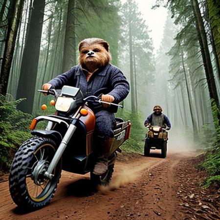 A full body photo of an Ewok on Endor, it's carrying an Uzi and riding an ATV, 
It looks cute and adorable yet fierce at the same time, The Ewok equivalent of Rambo, funny, 
highest quality, exceptional accuracy and realism,