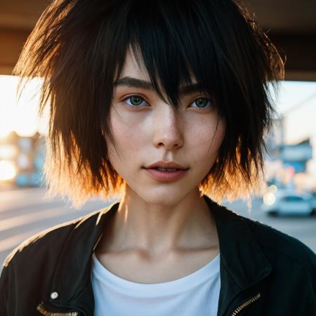 portrait photo of a stylish beautiful girl in a future convenience store, asymmetric hair cut, cyberpunk aestethic, heavenly beauty, 8k, 50mm, f/1. 4, high detail, sharp focus, cowboy shot, perfect anatomy, arms behind back, sunshine on her face, sunset, window side vodka_portraits <lora:vodka_portraits:0.7>