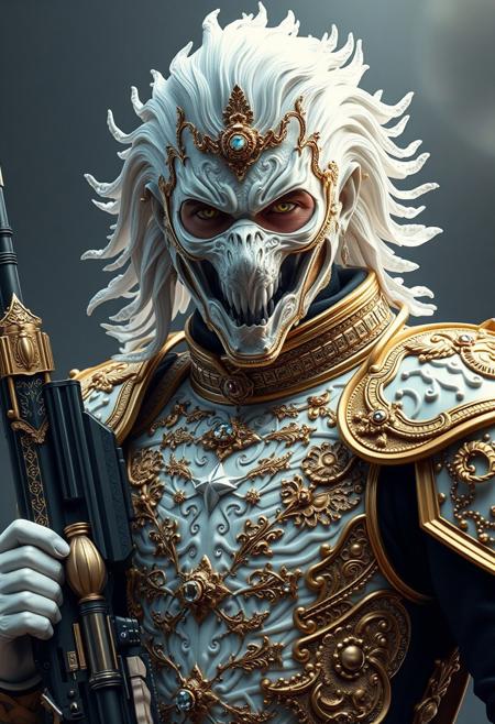 Full body portrait, angry expression, looking at camera,  whole body in frame, 
man, tall smart person, royal soldier, royal military, regal being,
ornate uniform, (white and gold porcelain royal celestial clothes), holding scifi weapon, mechwear, commando uniform, crystal details in armor, crystal ornate earrings, crystal jewelry, ornate fractal face mask, ornate gold dainty details fractal armor,
((((crystallization of the face)))), teeth made of quartz, ((((eyes made of ulexite)))), hair made of Fanlike acicular-fibrous crystal groups, thin crystal hair, flowing white fractal hair, large perfect eyes, crystal iris, eyes made of crystal, ((white porcelain skin)), (white_skin), glowing clear eyes, celestial eyes,  interweaving techno-anatomical and fractal elements, Ellen Jewett's intricate sculptural craftsmanship, no eyebrow hair,
dynamic lighting highlighting multifaceted textures, cinematic post-processing for an exquisite visual narrative, breathtaking surreal masterpiece,
sci-fi royal palace setting, single source lighting, low light setting, dark room, intense lighting,