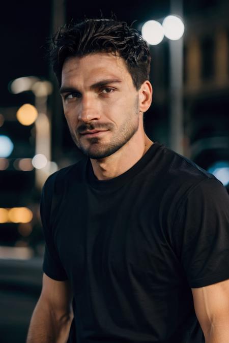 photo of  person,  male,  t-shirt,  pants,  night at city,  neon,  beard,  brown eye,  masterpiece,  highres,  sharp focus,  cinematic lighting,  detailed face,  detailed eyes, <lora:EMS-45173-EMS:0.920000>, , <lora:EMS-13102-EMS:0.600000>