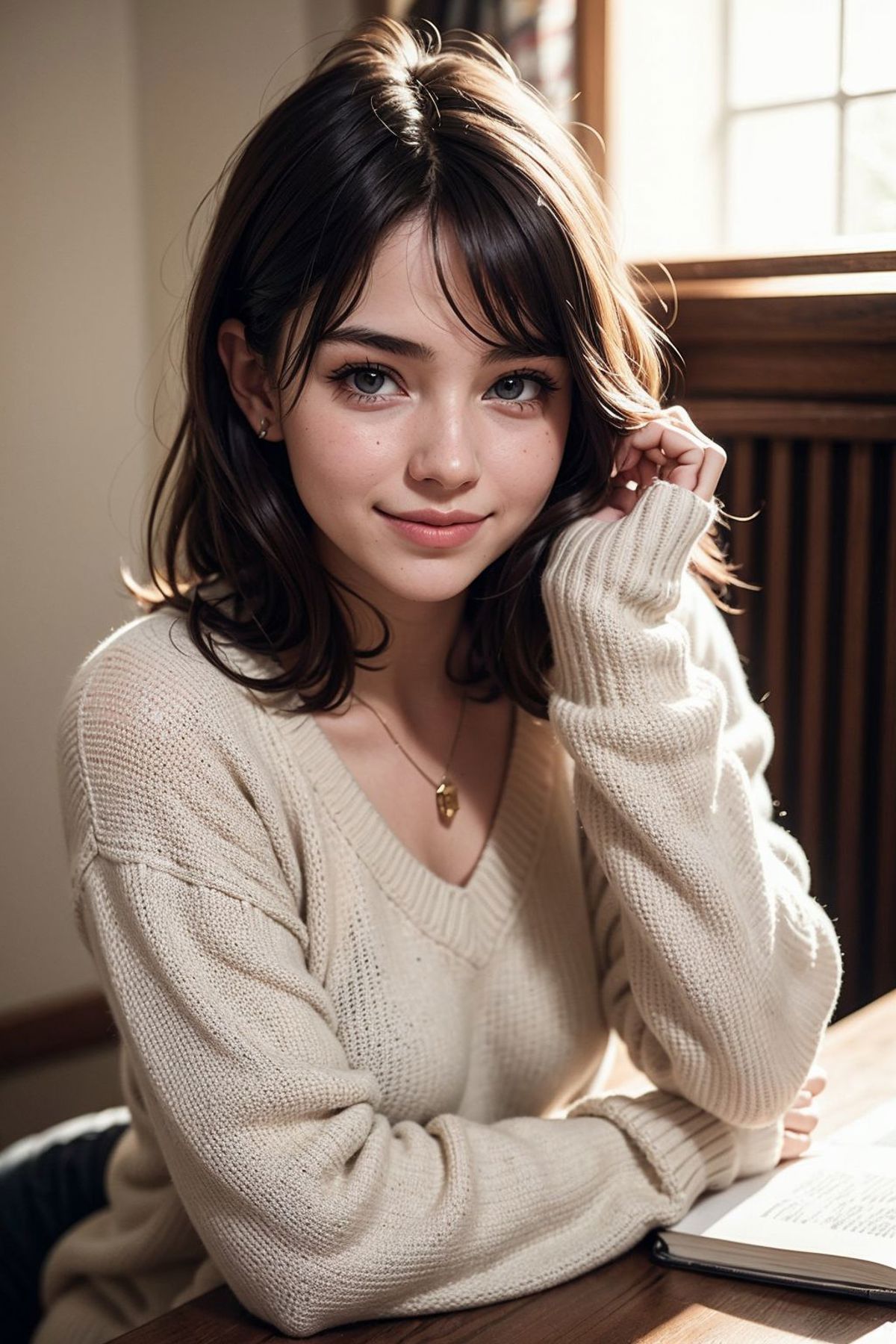 A girl with brown hair wearing a white sweater posing for a picture.
