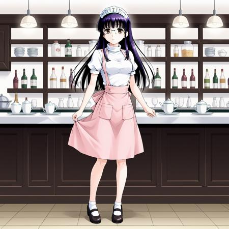 SUTomo,1girl,black hair,purple hair,long hair,bangs,brown eyes,eyewear, waitress headdress, waitress,white shirt,turtleneck,pink dress,pink apron, pencil_skirt, mini skirt,