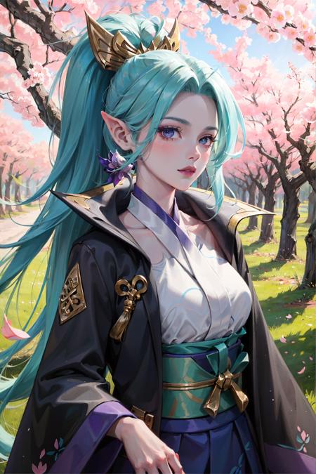 spirit blossom vayne, 1girl, kimono, hair ornament, blue hair, detailed face, looking at viewer, potrait, close-up, forest, sunbeam, purple light, petal, cherry blossoms, (masterpiece:1.2, best quality)