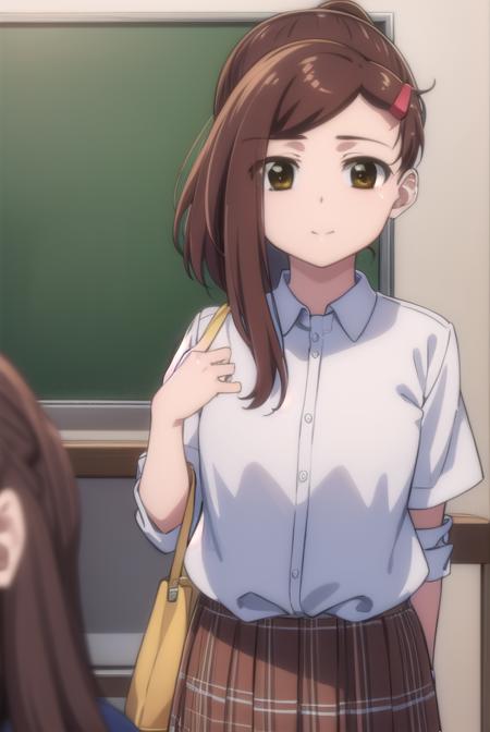 akosuminoe, <lora:ako suminoe ova-lora-nochekaiser:1>,
ako suminoe, short hair, brown hair, hair ornament, (brown eyes:1.5), ponytail, hairclip, smile,
BREAK skirt, shirt, school uniform, white shirt, socks, plaid, kneehighs, plaid skirt,
BREAK indoors, classroom,
BREAK looking at viewer, (cowboy shot:1.5),
BREAK <lyco:GoodHands-beta2:1>, (masterpiece:1.2), best quality, high resolution, unity 8k wallpaper, (illustration:0.8), (beautiful detailed eyes:1.6), extremely detailed face, perfect lighting, extremely detailed CG, (perfect hands, perfect anatomy),