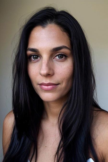 front shot, portrait photo of a 34 y.o american woman, (long dark black (sleek, slick) long hair), looks away, natural skin, skin moles, cozy interior, (cinematic, 35mm)