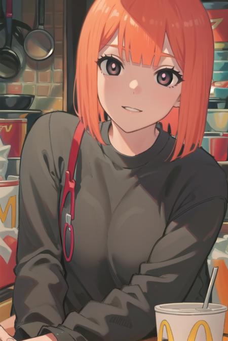 yorumac, <lyco:yorumac-lyco-nochekaiser:1>,
yoru mac, short hair, bangs, (black eyes:1.5), blunt bangs, orange hair, bob cut, smile,
BREAK shirt, long sleeves, pants, sweater, grey pants,
BREAK looking at viewer, full body,
BREAK indoors, restaurant, mcdonalds,
BREAK <lyco:GoodHands-beta2:1>, (masterpiece:1.2), best quality, high resolution, unity 8k wallpaper, (illustration:0.8), (beautiful detailed eyes:1.6), extremely detailed face, perfect lighting, extremely detailed CG, (perfect hands, perfect anatomy),