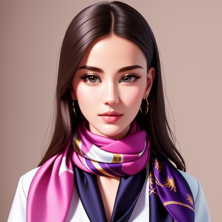 Masterpiece, High quality,  <lora:Silk_Scarf:0.65>, silk scarf, woman wearing a silk scarf, analog style, smmetric, centered, closeup, feminine, glossy, bimbo