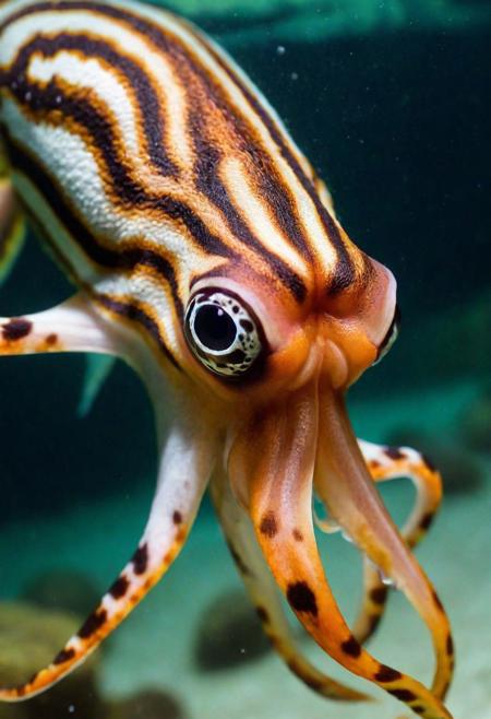 fuusl shot, Realistic underwater photo of a squid in the colors of a tiger, tiger fur, tiger stripes, jugle, blurry background,   high-detailed, photographic, fine texture, incredibly lifelike
