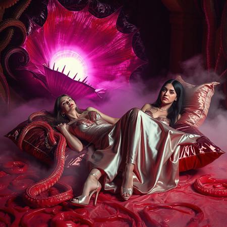 classy rich slender elegant russian baroness in glossy liquid satin provocative rich 1950s nightgown with lace inserts   and  glossy high heels, slave collar, chainew in thin silver chains, entangled in long tentacles, laying  reclined in weird red foil pillows, covered with giant ultrathin transparent glossy slime veils, under tantacles canopy,  giant portal to outer space, fog from the floor, giant purple alien carnivorous flower with glossy spiked petals at background, weird alien hive slime walls and fleshy floor, horror, fashion look, hollywood, vogue makeup, long haired, ultrathin waisym reminiscent of H.R. Giger, Zdzisław Beksinski, and Ash Thorp's dark, sleek styles, with close-up glamour photography, glossy satin and silver heels glistening, fleshy slime dripping, and dark shadows.