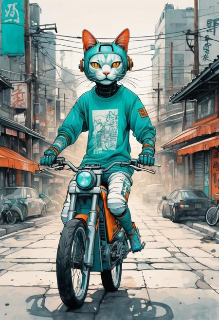 A stunning watercolor illustration that masterfully combines anime, streetwear, and conceptual art to create a futuristic robotic cat ride. The teal and orange robot features a large, boxy head with antennas and intricate mechanical details, exuding advanced technology. The rider, dressed in bold streetwear fashion, commands the bike-inspired vehicle, showcasing the perfect fusion of styles. The background, a soft off-white hue, hints at a cityscape or digital interface, incorporating subtle graffiti and typography elements. This innovative piece merges traditional ukiyo-e, graffiti, and modern influences, illustrating the intersection of fashion, conceptual art, and illustration. The cat-themed t-shirt bears the slogan, "I am back," signifying the robot's return to action. The artwork is vibrant, playful, and, typography, painting, conceptual art, fashion, graffiti, anime, illustration, ukiyo-e
