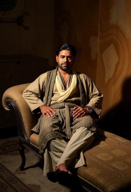 A theatrical indoor setting featuring a confident male figure, dressed in traditional garb layered with contemporary flair, reclining on a vintage chaise lounge. Behind him, the walls are adorned with soft, swirling patterns that mimic the look of dyed textiles. He is lit with bold, directional lighting that casts deep shadows and gleaming highlights across his face and clothing, emphasizing a statuesque presence. The palette shifts between soft earth tones and rich indigos, blending bold character lighting with layered, narrative background textures that evoke artisan craftsmanship and timeless storytelling.
