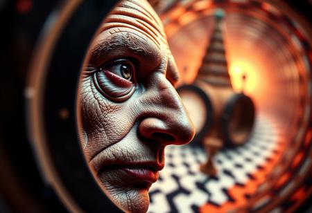 surreal, illusionary depth, tilted angles, dreamlike, psychedelic, subconscious artistry, extreme detail, HDR, Bokeh, UHD, portrait, dramatic lighting, famous artwork, Salvador Dali, M.C. Escher, optical illusion, vibrant colors, abstract, conceptual, otherworldly, trending on ArtStation, professional photograph, high quality