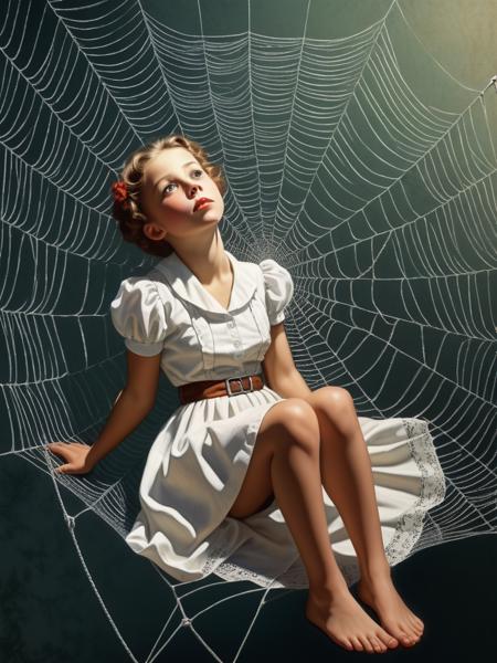 <lora:04Vintageillustration_Hap_XL:1>,Norman Rockwell style,vintage poster, melancholy girl sitting on a silk spider web, looking up at viewer, overhead view, dynamic light and shadow, ultra hd renderingï¼