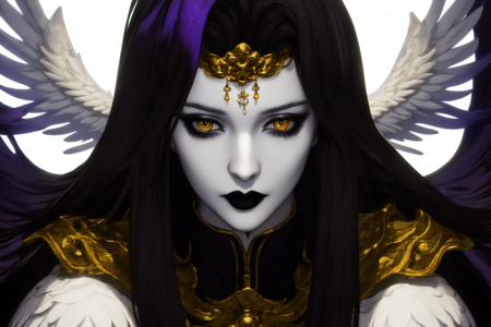 <lora:Endsinger_FFXIV:1> Endsinger, (masterpiece, best quality, ultra-detailed, highres), perfect face, sidelighting, lustrous skin,(bloom), (shine), lighting, ray tracing, sci-fi,1girl, black lips, wings, head wings, solo, black hair, long hair, purple lips, feathered wings, looking at viewer, colored skin, white skin, portrait, skull, multiple wings, yellow eyes, hair intakes, pale skin, makeup, headpiece, depth_of_field,very detailed background, highly detailed background, Masterpiece, Ultra detailed, great composition,Dynamic angle,extremely delicate and beautiful,(Highest picture quality), (Master's work),   depth of field, solo, extreme light and shadow, masterpiece, rich in detail, (fine features), (highest quality), (masterpiece), (detailed eyes), (beautiful) detailed,beautiful detailed eyes,(straight-on), upper body, cyberpunk:1, flower petals falling, (extremely detailed CG unity 8k wallpaper),(masterpiece), (best quality), (ultra-detailed), (best illustration),(best shadow),perfect lighting , perfect anatomy , vivid colors,  (masterpiece),