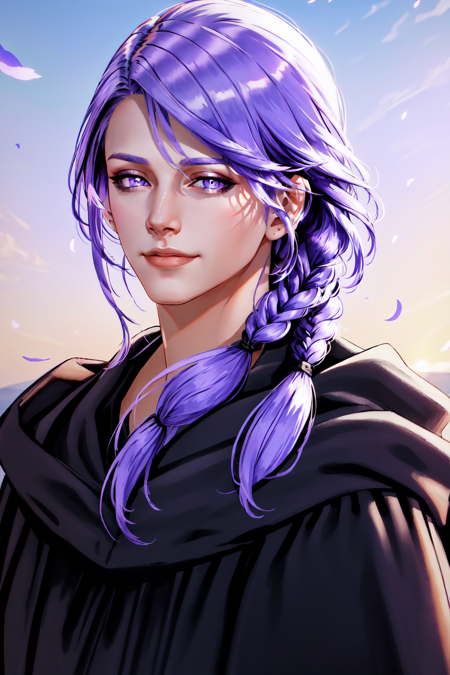 Hythlodaeus, asymmetrical hair, bangs, black robe, blue eyes, braided ponytail, closed mouth, day, purple eyes, lavender hair, hair over shoulder, hood, looking at viewer, outdoors, portrait, realistic, robe, side braid, single braid, sky, smile, solo, swept bangs, upper body <lora:Hyth_LoRa:0.7>