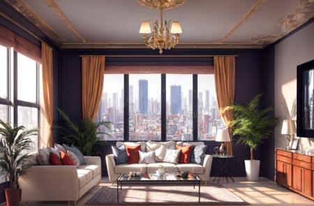 photorealism, interior design, luxury suite, masterpiece, best quality, raytracing, reflective, highres, big window, modern design, home, HDR, (home design), (modern), glass, (plants), ((volumetric light)), realistic light, cityscape, (depth of field), soft light, television, teapoy, sofa, (extremely detailed), detailed background, ((octane render)), <lora:add_detail:1>