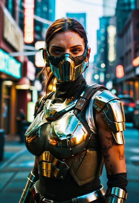score_9, score_8, score_7, score_6, (film photography style:1.5), (heavy grain:1.5), upper body shot, female bounty hunter, science fiction armor, hi-tech armor, polished armor, bandana, goggles, science fiction, cyberpunk style, distopian futuristic city street, depth of field, bokeh, dof, high detailed texture, ultra-detailed, Original Character, Beautiful character design, official art, perfect body, perfect exposure, high res image,masterpiece,best quality