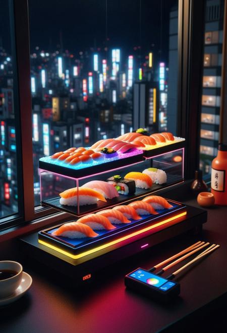 8k analog photo, unmanned, a sushi-themed RGB devices, (tuna, salmon, tamago, ebi), glowing vibrant RGB lights, soy sauce bottle, chopsticks beside the devices, realistic lighting, colorful, isometric view, photorealistic, night city scape from window blurry background,