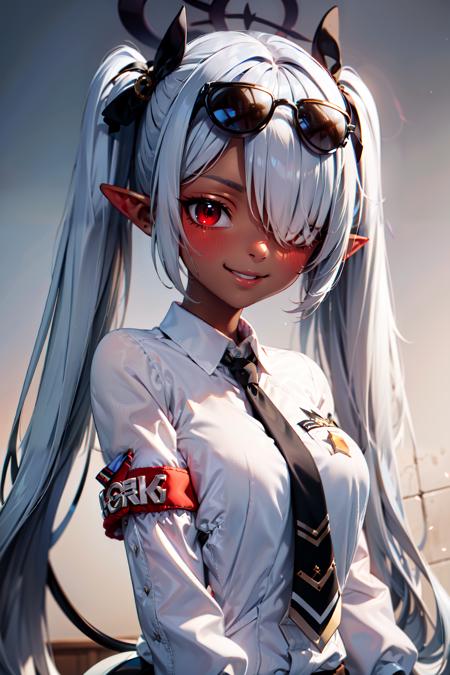 zzIori, grey hair, long hair, twintails, red eyes, dark skin, dark-skinned female, pointy ears, hair over one eye, ribbon, halo, very long hair, hair ribbon, tail, demon tail, sunglasses, eyewear on head, armband, black necktie, black skirt, holding gun, long sleeves, white shirt, bolt action, black gloves, pleated skirt, collared shirt, black ribbon, black socks, knee highs, boots, black footwear, high-waist skirt, 