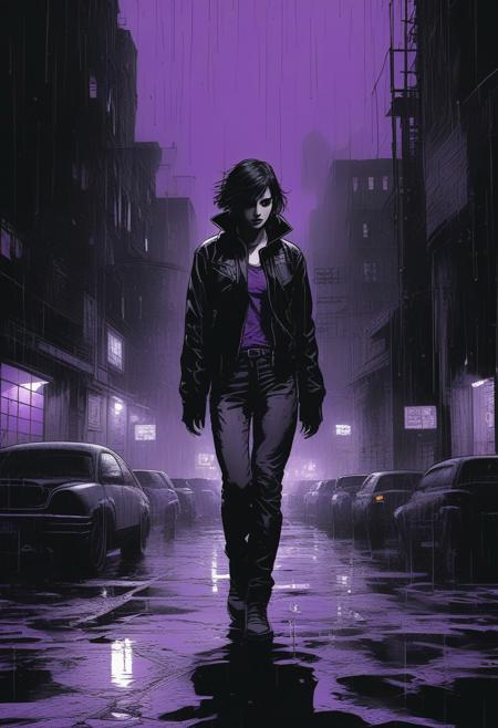 Illustration, black and white, purple color accents, style of  Frank Miller, full body, young woman, standing in the rain, short dark hair, leather jacket, dark dystopian cyberpunk city street