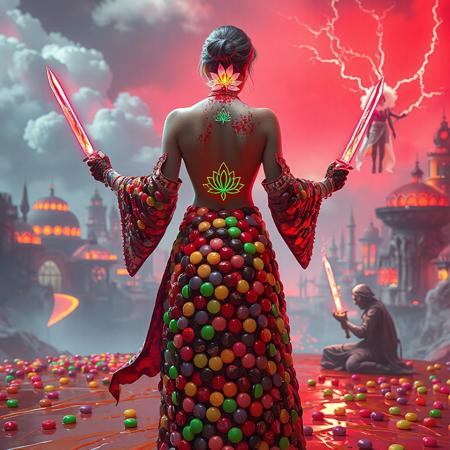 A surreal, candy-themed female assassin seen from behind, standing tall with a graceful and slender silhouette. She wears a flowing robe made entirely of glossy, multicolored candy-coated chocolates like Smarties. Her upper back is bare, revealing a glowing, sugar-crystal lotus flower tattoo that runs along her spine and emits a soft, neon rainbow light, perfectly matching the glow of her candy-forged weapons.
Her exposed back is splattered not with blood, but with melted jelly, hinting at a fierce candy battle. In each hand, she wields glowing, translucent blades made of hardened rainbow sugar, radiating the same luminous energy as her tattoo.
In front of her, a villainous candy sorcerer kneels on a caramel floor, trembling and bowing in submission, his outfit made of licorice strands and gumdrops. Floating farther ahead, a second sorcerer hovers in mid-air, wrapped in radiant, glittering cotton candy robes and surrounded by crackling lightning made of spun sugar, as if casting a powerful magical confection.
In the background, a whimsical candy city melts in slow motion under rivers of molten chocolate and strawberry syrup, casting a warm, glowing red light across a jellybean sky. The overall mood is surreal, colorful, and magical — a candy-coated fantasy world. Style: semi-realistic, ultra-saturated, candy pop aesthetic, Smarties texture everywhere
