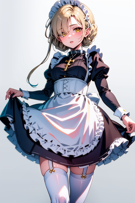 sheffield, yellow eyes, short hair, blonde hair, bangs, hair over one eye, braid, ribbon, metal collar, cross black dress, puffy sleeves, juliet sleeves, frilled dress, frills, maid headdress, maid apron, frilled apron, white thighhighs, garter belt