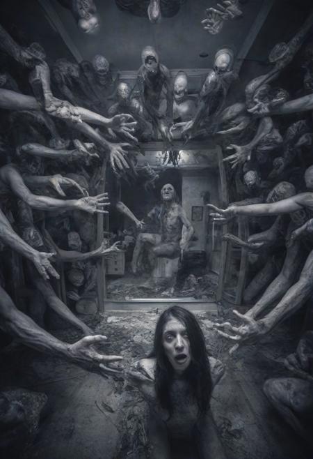 (fisheye-distortion) ((inward folded mirror effect photograph)), ((fractal body horror, many human bodies repeated and endlessly dividing into self-similar arms and legs and eyes and faces, infinite body parts repeated into the distance, faces and hands recursively, horrifying and disorienting, extremely detailed)), (masterpiece from an evil dimension), noise offset, best quality photograph, (surrealist horror photograph), [themes of melancholy, terror, and regret] , (multiple-exposure photographs layered for ghastly ethereals effects), UHD, (very slow shutter speed to capture motion blur), experimental lighting, experimental angles, strong fisheye-lens/ intense fisheye-view photograph, realisticvision-negative-embedding, epiCRealism