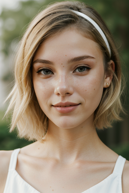 RachelYampolsky, apron, dress, capelet, sparkle, skirt, petite, focus, looking at viewer, leaning, sitting, pose, straight hair, looking at viewer, solo, beautiful face, (bright blond hair:1.5), short hair, white headband, (dynamic angle:1.2), cute smile, smirk, makeup, (best quality:1.2), absurdres, (masterpiece, best quality, 8k:1.2), absurdres, face focus, bloom, accent lighting, film grain, simple background, (blurry background:1.8), (bokeh:1.3)