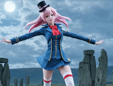 masterpiece, best quality, ultra-detailed, wide angle, wide shot, full body, stonehenge, night, full moon, a secret society of time travelers, emullh, 1girl, pink hair, short hair, blue jacket, top hat, long sleeves, white thighhighs, red eyes, looking at viewer, (8k, masterpiece, best quality, ultra-detailed), cinematic lighting, Intricate, High Detail, Sharp focus, dramatic <lora:emullh_xl_01:1>