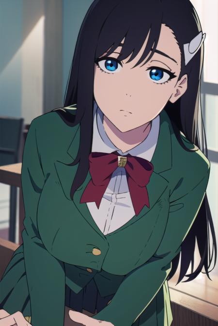 noelniihashi, <lyco:noelniihashianime-LYCORIStest:1>,
noel niihashi long hair, blue eyes, black hair, hair ornament, hairclip, (large breast:1.2),
BREAK skirt, shirt, long sleeves, bow, school uniform, jacket, white shirt, pleated skirt, collared shirt, bowtie, red bow, plaid, capelet, blazer, green skirt, green jacket,
BREAK looking at viewer,
BREAK indoors, classroom,
BREAK <lora:GoodHands-vanilla:1>, (masterpiece:1.2), best quality, high resolution, unity 8k wallpaper, (illustration:0.8), (beautiful detailed eyes:1.6), extremely detailed face, perfect lighting, extremely detailed CG, (perfect hands, perfect anatomy),