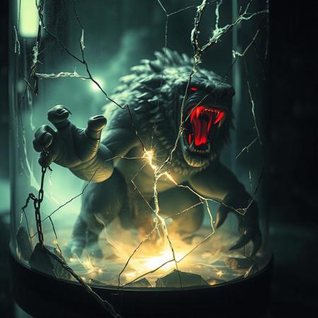 I see the beast in the glass  
Cracks spread fast — I can’t hold it back  
Don’t tell me to breathe, don’t ask me to pray  
I lost control and threw the chains away  
I’m not your hero, not your friend  
I’m the storm you can't defend  
The beast in the glass — he's here to stay