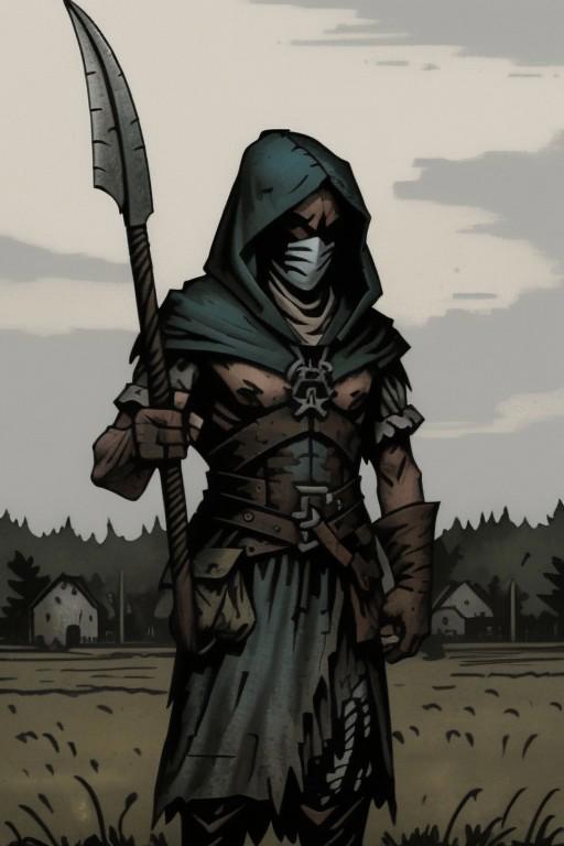 A poor, hooded farmer in an empty field. He is holding a simple scythe.