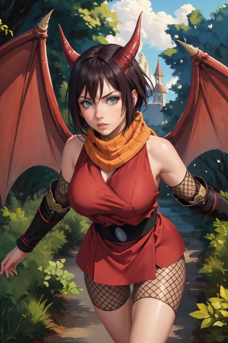 masterpiece, best quality, <lora:souka-nvwls-v1-000009:0.9>  souka, orange scarf, red dress, sash, vambraces, fishnet shorts, looking at viewer, large breasts, serious, horns, dragon wings, (flying:1.5), midair, looking at viewer, from above