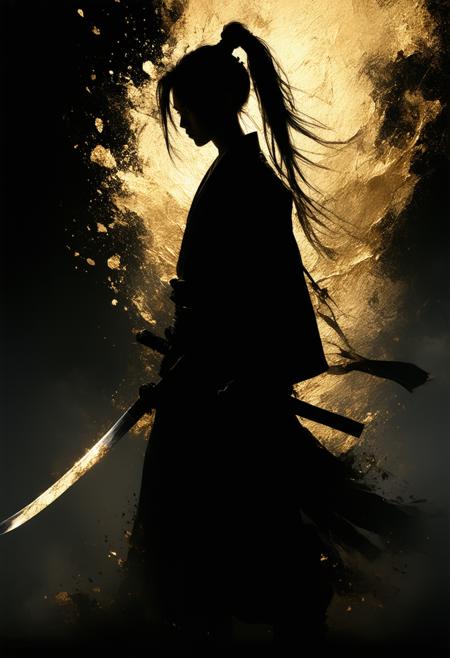 A striking silhouette of a figure poised in a dynamic, almost defensive stance, partially obscured by a shimmering layer of gold foil. The figure is holding Jack's Katana (Samurai Jack), its blade reflecting the light with an ethereal glow. The background is a deep, textured black, creating a dramatic contrast that highlights the silhouette and the katana's presence. The overall impression is one of strength, mystery, and a hint of ancient wisdom. Photorealistic, cinematic lighting, 8k resolution, octane render, volumetric light, inspired by the works of Alphonse Mucha and Yoshitaka Amano, silhouette, katana, gold foil, dramatic, mysterious.