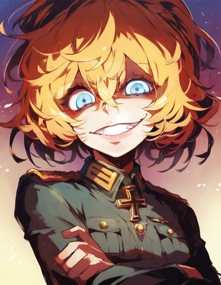 tanyatheevil, military uniform, blonde hair blue eyes yellow eyes hat evil smile