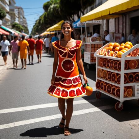 Brazilian girl, selling orange fruit in streets, wearing orange sliced shaped dress, <lora:blood_orange_world_morph_sdxl:1> , sunny day, people walking, vendor stand, blood orange style