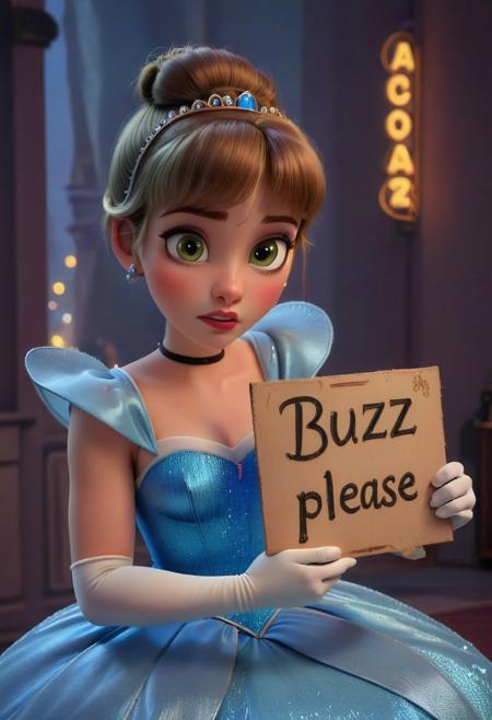 buzz, Cinderella holding a sign with text "Buzz, Please"